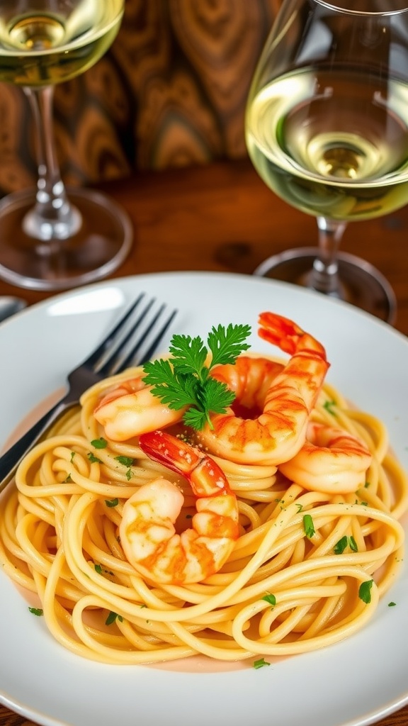 Garlic butter shrimp pasta with shrimp and spaghetti, garnished with parsley and lemon zest on a rustic wooden table.